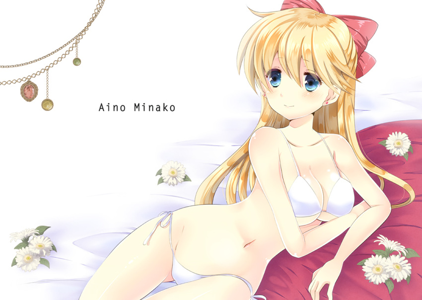 1990s_(style) 1girl adult_swim alluring bikini bishoujo_senshi_sailor_moon bishoujo_senshi_sailor_moon_r bishoujo_senshi_sailor_moon_r_the_movie bishoujo_senshi_sailor_moon_s bishoujo_senshi_sailor_moon_s_the_movie bishoujo_senshi_sailor_moon_supers bishoujo_senshi_sailor_moon_supers_the_movie blonde_hair blue_eyes bow character_name female_focus flower half_updo kika88 long_hair medium_breasts minako_aino red_bow retro_artstyle swimsuit toei_animation toonami viz_media white_bikini