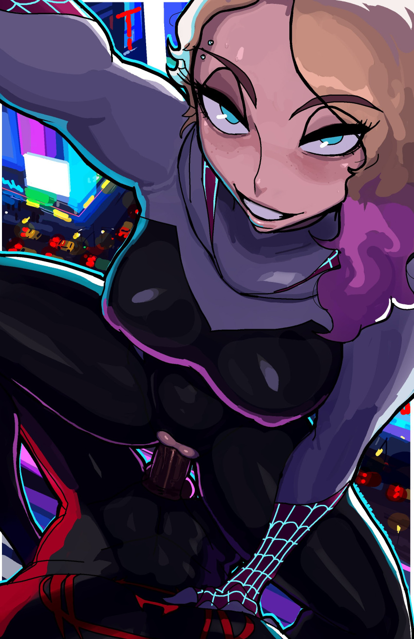 1boy 1girl 1girls 2d arm_support bedroom_eyes big_breasts big_penis blonde_hair blue_eyes bodysuit breasts canon_couple city colored couple cowgirl_position dark-skinned_male dark_skin dolecat dominant_female dyed_hair eyebrow_piercing female_focus gwen_stacy gwen_stacy_(spider-verse) half-closed_eyes hoodie interracial latex looking_at_viewer male marvel marvel_comics miles_morales mounting multicolored_hair naughty_face nipples nipples_visible_through_clothing older older_female penetration penis penis_in_pussy perky_breasts piercing pov pussy ripped_clothing romantic_couple sex smile smug spider-gwen spider-man spider-man:_into_the_spider-verse spider-man_(series) straddling straight superhero superhero_costume superheroine thick_thighs thighs white_skin young_adult young_adult_female young_adult_woman