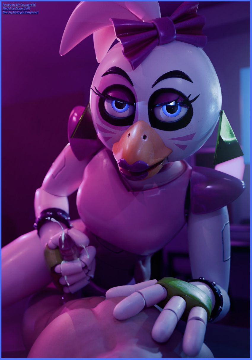 1boy 1girl 1girls 3d accurate_art_style animatronic anthro beak blue_eyes cum cum_in_hand cum_on_hand cumshot five_nights_at_freddy's five_nights_at_freddy's:_security_breach glamrock_chica_(ashleyorange) glamrock_chica_(fnaf) handjob looking_at_viewer male masturbation mrcourage616 on_model penis purple_lipstick straight
