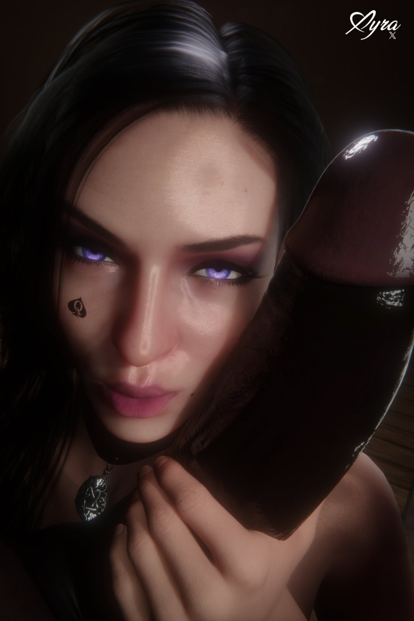 1boy 1girl 1girls 3d big_penis black_hair cd_projekt_red choker dark-skinned_male dark_skin duo erect_penis erection face_tattoo facial_tattoo hand_on_penis huge_cock interracial light-skinned_female light_skin looking_at_partner looking_at_viewer male male/female male_pov mole mole_under_mouth penis penis penis_on_face pov pov_eye_contact qos queen_of_spades straight tattoo the_witcher_(series) the_witcher_3:_wild_hunt violet_eyes watermark xyra3d yennefer