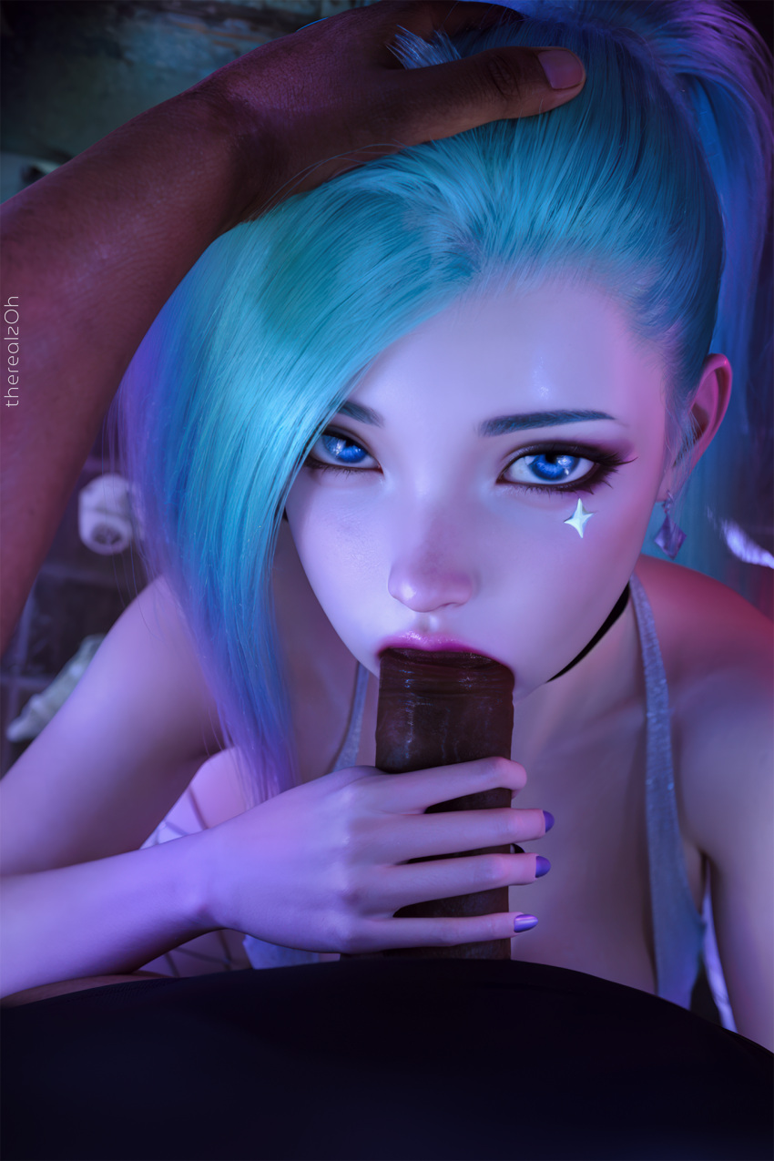 1boy 1girl 1girls 3d black_shirt blue_eyes blue_hair dark-skinned_male dark_skin earrings erection fellatio fellatio female_focus hand_on_another's_head hand_on_penis interracial k/da_all_out_seraphine k/da_all_out_series league_of_legends light-skinned_female light_skin looking_at_viewer male male_pov oral penis pov pov_eye_contact prostitute prostitution purple_nails riot_games seraphine_(league_of_legends) straight therealzoh turquoise_hair