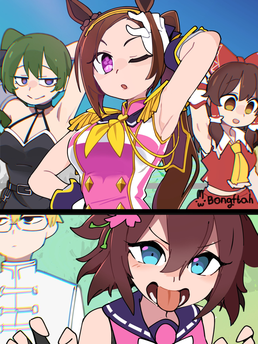 1boy 2koma 4girls absurd_res animal_ears armpit_fetish armpits bad_id bad_twitter_id bakushin_o_armpit_gif_(meme) black_dress blue_eyes bongftah bow brown_hair comic detached_sleeves dress female_pervert flower-shaped_pupils freaky_satono_diamond_(meme) gloves green_hair hakurei_reimu high_res holding holding_weapon horse_ears horse_girl land_(sousou_no_frieren) lawson looking_at_viewer meme multiple_girls nontraditional_miko open_mouth pervert pink_eyes purple_eyes red_bow sakura_bakushin_o_(umamusume) sakura_chiyono_o_(umamusume) shirt side_ponytail smile sousou_no_frieren striped_clothes striped_shirt symbol-shaped_pupils tongue tongue_out touhou ubel_(sousou_no_frieren) umamusume weapon white_gloves yuri