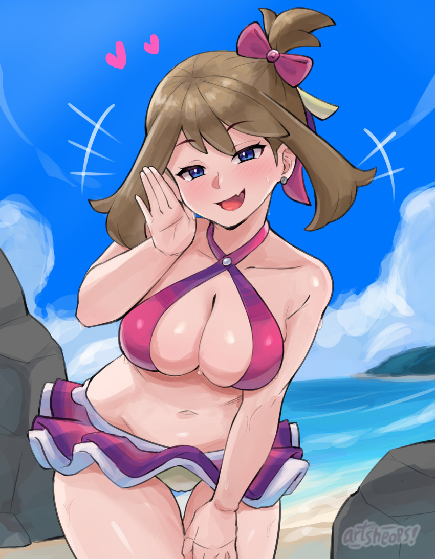 1girl 1girl 1girl absurd_res alluring artsheops bare_shoulders beach big_breasts bikini blue_eyes brown_hair cleavage high_res looking_at_viewer may may_(pokemon) midriff navel nintendo open_mouth pink_bikini pokemon pokemon_oras purple_bikini sapphire_birch_(pokemon) smile stomach swimsuit