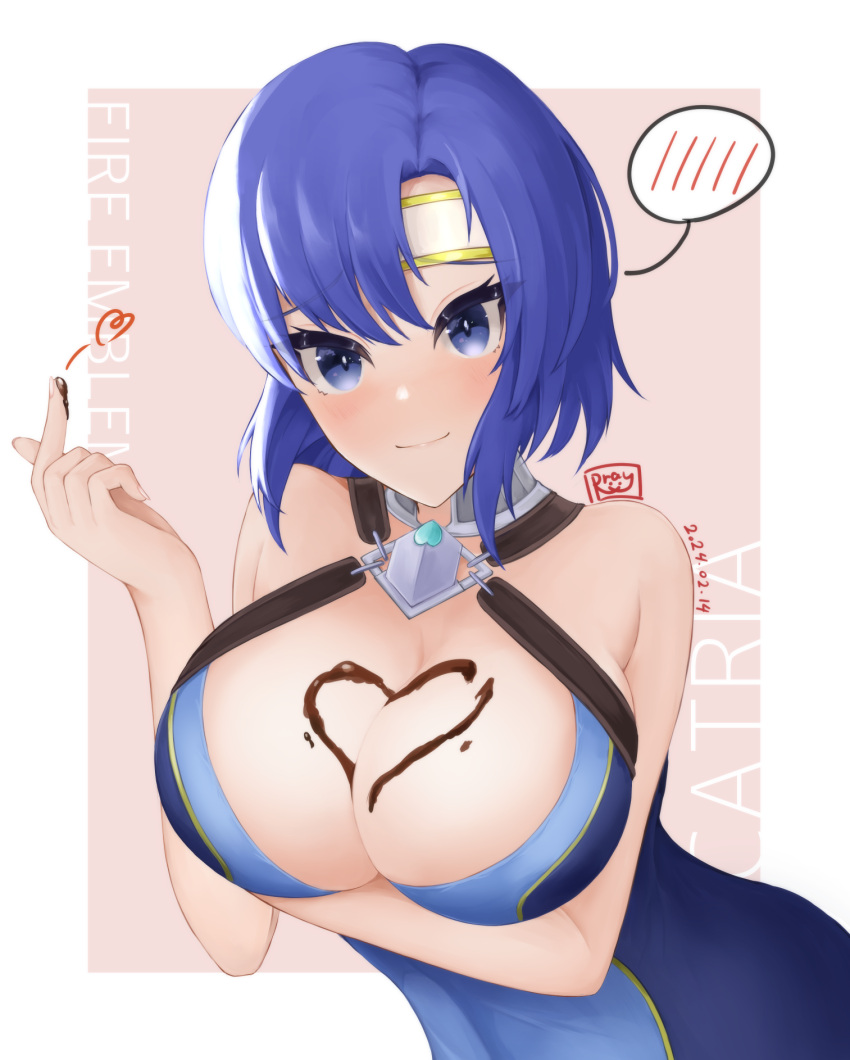 1girl 1girl 1girl alluring arm_under_breasts big_breasts blue_eyes blue_hair catria_(fire_emblem) chocolate chocolate_on_breasts cleavage female_only fire_emblem fire_emblem:_mystery_of_the_emblem fire_emblem:_shadow_dragon_and_the_blade_of_light food food_on_body food_play headband heart intelligent_systems nintendo ryuusaki_rei seductive short_hair silf simple_background smile upper_body valentine's_day