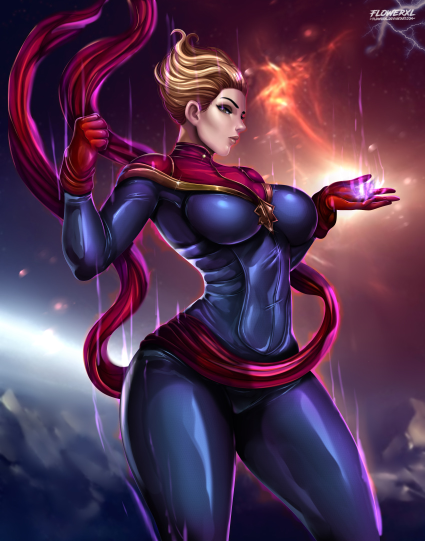 1girl 1girl 1girl big_breasts blonde_hair blue_bodysuit blue_eyes captain_marvel carol_danvers female_only flowerxl gloves light-skinned_female looking_at_viewer makeup marvel marvel_comics muscular_female planet red_gloves space