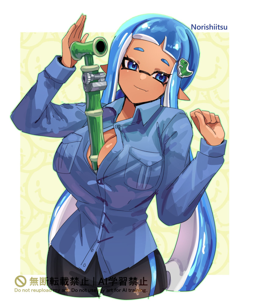 1girl 1girl 1girl big_breasts blue_eyes blue_hair breasts cleavage inkling inkling_girl jules_(carranza) long_hair looking_at_viewer matching_hair/eyes matching_hair_and_eye_color nintendo norishiitsu splatoon_(series)