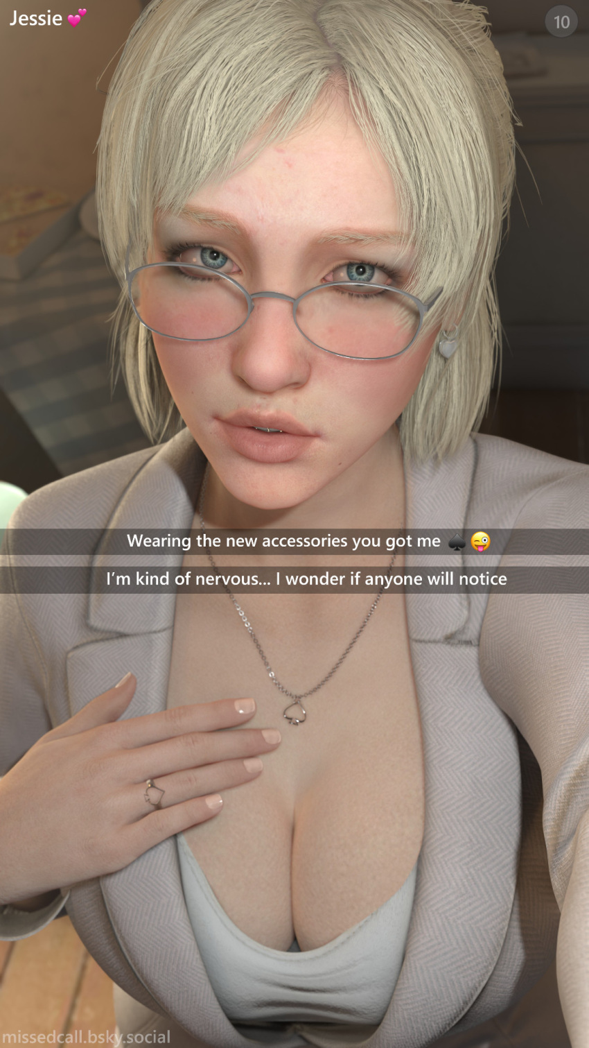 1girl 1girl 1girls 3d big_breasts blonde_female blonde_hair blue_eyes breasts capcom cleavage dead_rising dead_rising_(series) dialogue earrings english english_dialogue english_text female_focus female_only fully_clothed glasses huge_breasts jessica_mccarney jewelry light-skinned_female light_skin looking_at_viewer missed_call necklace pale-skinned_female pale_skin queen_of_spades realistic realistic_proportions ring selfpic snapchat solo_female solo_focus teasing text