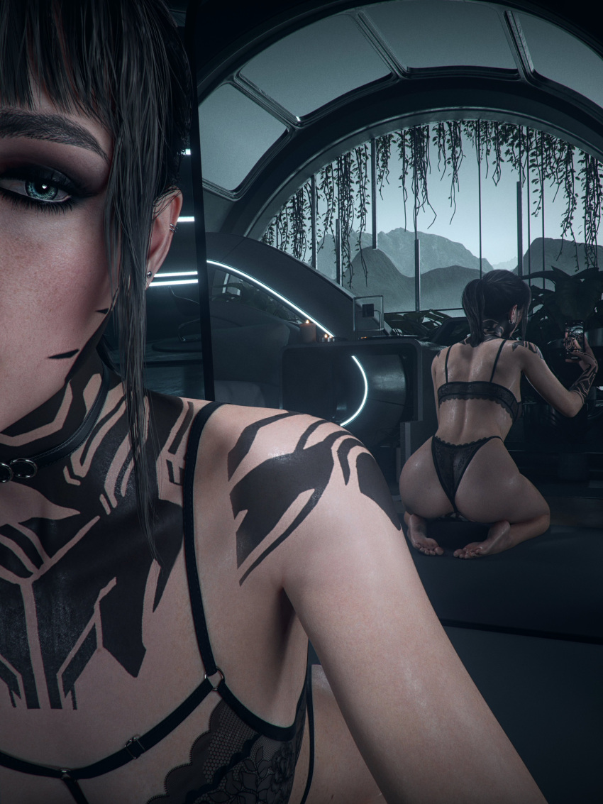 1girl 1girl 3d 3d_(artwork) ass black_panties blue_eyes blue_eyes_female body_markings bra call_of_duty call_of_duty_black_ops_7 checkpik clothing emma_kagan feet light-skinned_female light_skin looking_at_viewer make-up makeup panties phone ponytail selfpic underwear video_game_character video_games