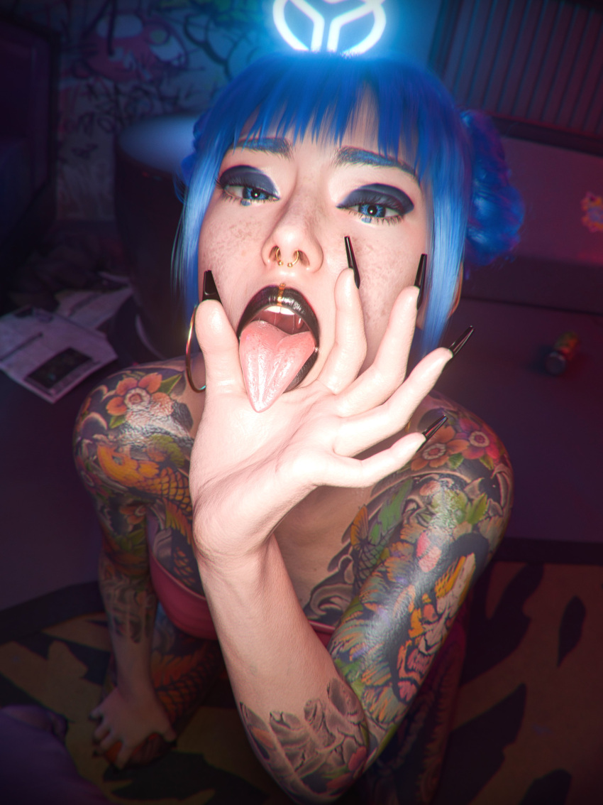 1girl 1girl 3d absurd_res black_lips black_nails blue_eyes blue_hair checkpik cheri_nowlin cyberpunk_(series) cyberpunk_2077 fellatio_gesture fingernails full-body_tattoo high_res indoors long_fingernails looking_at_viewer open_mouth oral_invitation tattoo tattoos_everywhere tongue tongue_out yakuza_tattoo