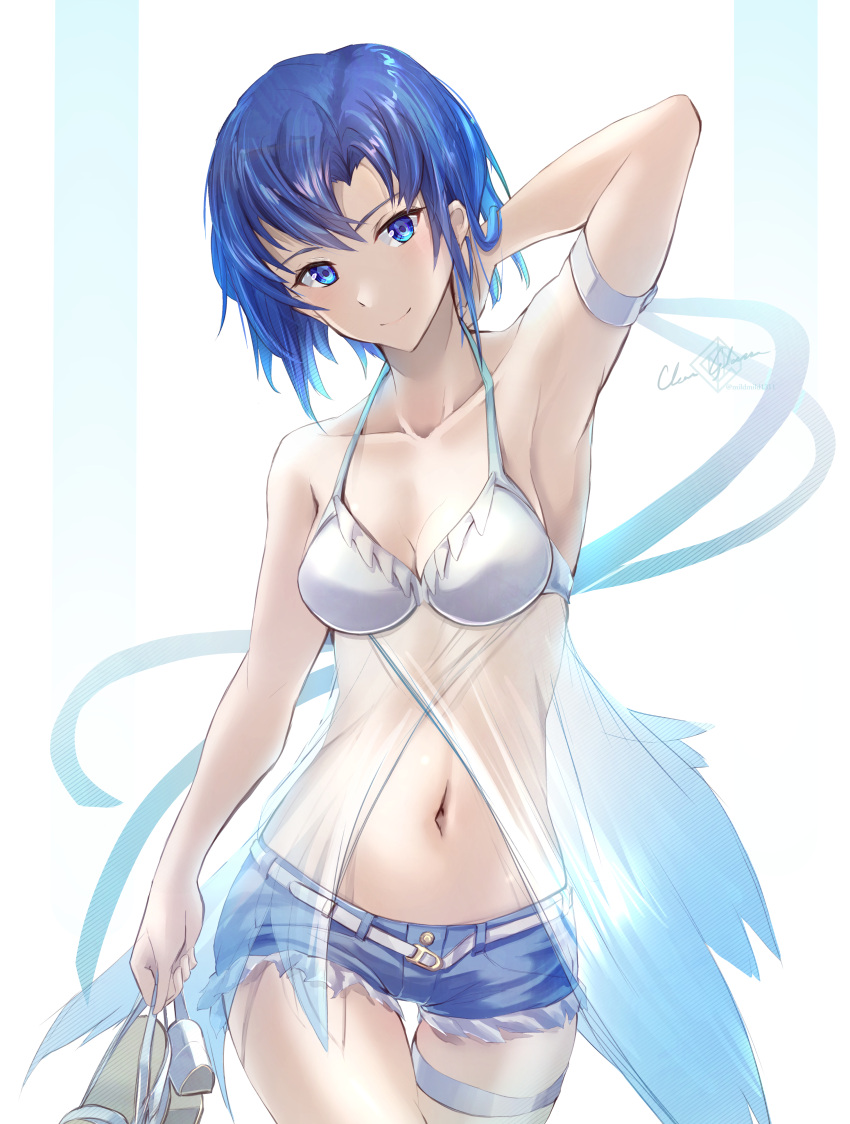 1girl 1girl absurd_res alluring alternate_costume arm_behind_head arm_up armband bare_shoulders bikini blue_eyes blue_hair blue_shorts breasts catria_(fire_emblem) clear_glass_(mildmild1311) cleavage collarbone cowboy_shot cutoffs denim denim_shorts fire_emblem fire_emblem:_mystery_of_the_emblem high_heels high_res intelligent_systems looking_at_viewer medium_breasts midriff navel nintendo sandals see-through_clothes short_hair short_shorts shorts signature silf swimsuit thigh_strap twitter_username white_bikini white_sandals
