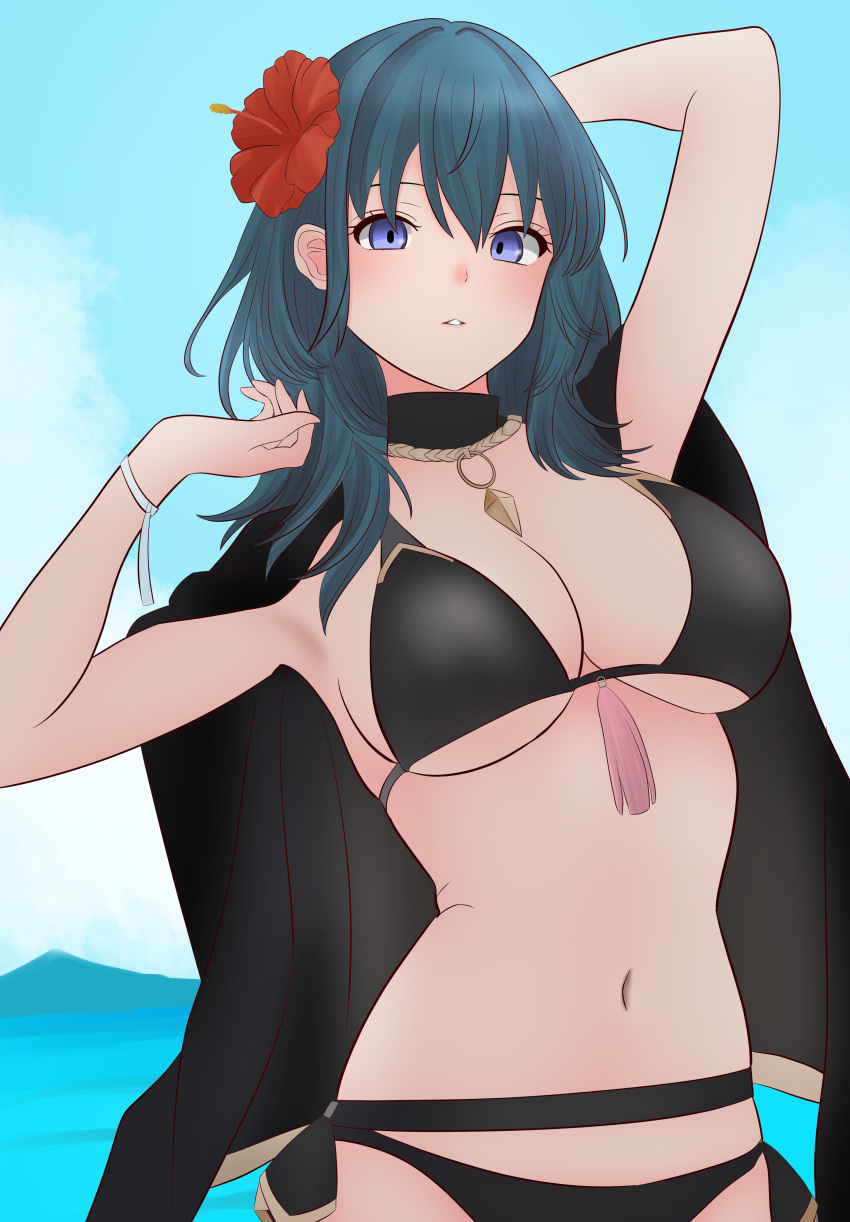 1girl 1girl absurd_res alluring big_breasts bikini black_bikini black_cape blue_eyes byleth_(fire_emblem) byleth_(fire_emblem)_(female) byleth_(summer)_(fire_emblem)_(female) cape cleavage commentary_request fire_emblem fire_emblem:_three_houses fire_emblem_heroes flower hair_flower hair_ornament hibiscus high_res intelligent_systems long_hair looking_at_viewer navel nintendo official_alternate_costume red_flower ropechu stomach swimsuit teal_hair