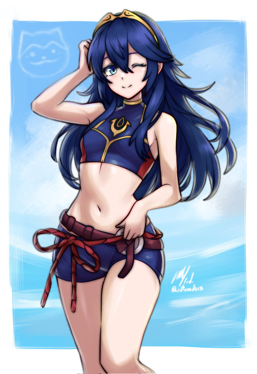 1girl 1girl alluring artist_name bare_shoulders bikini blue_bikini blue_eyes blue_hair blus feet_out_of_frame fire_emblem fire_emblem_awakening fire_emblem_cipher fire_emblem_warriors hair_between_eyes high_res intelligent_systems long_hair looking_at_viewer lucina lucina_(cipher_swimsuit)_(fire_emblem) lucina_(fire_emblem) navel nintendo official_alternate_costume one_eye_closed rotomdocs small_breasts smile sommie_(fire_emblem) swimsuit tiara very_long_hair