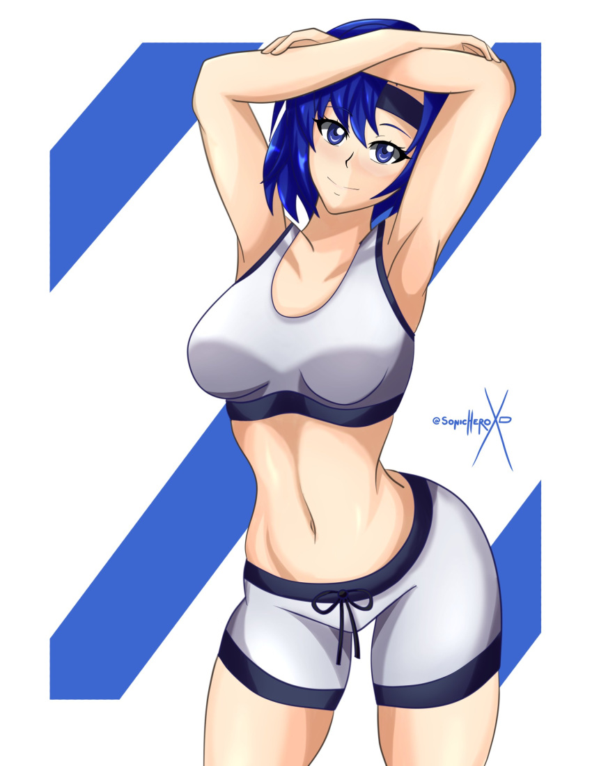 1girl 1girl alluring bare_midriff blue_eyes blue_hair catria_(fire_emblem) fire_emblem fire_emblem:_mystery_of_the_emblem fire_emblem:_shadow_dragon_and_the_blade_of_light fitness hips intelligent_systems looking_at_viewer medium_breasts midriff shorts silf smile sonicheroxd sports_bra sportwear tank_top workout