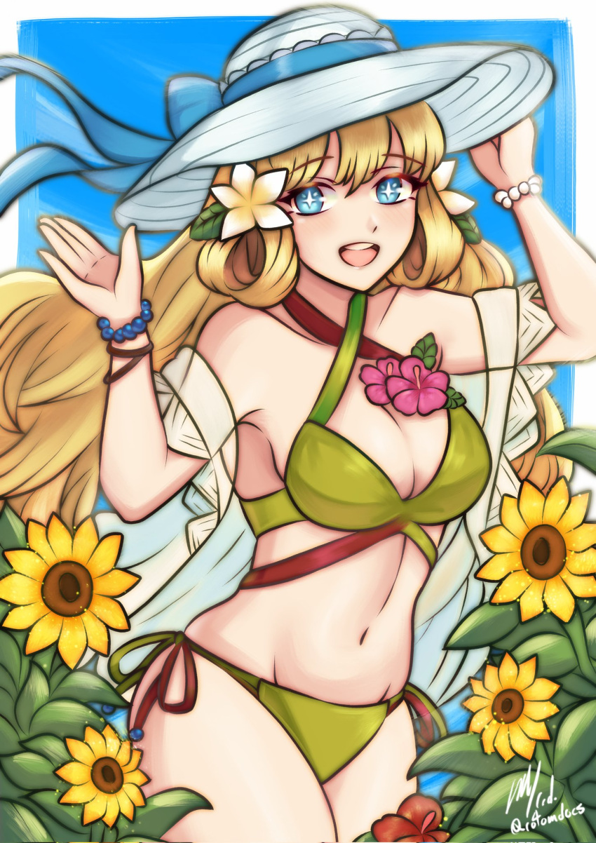 1girl 1girl :d alluring bare_shoulders bikini blonde_hair blue_eyes cleavage commission fire_emblem fire_emblem_heroes flower hair_between_eyes hair_flower hair_ornament hat high_res intelligent_systems long_hair looking_at_viewer navel nintendo official_alternate_costume open_mouth rotomdocs side-tie_bikini_bottom smile star-shaped_pupils star_(symbol) sun_hat sunflower swimsuit symbol-shaped_pupils teeth twitter_username upper_teeth_only yellow_bikini ymir_(fire_emblem) ymir_(fire_emblem_heroes) ymir_(summer)_(fire_emblem_heroes)
