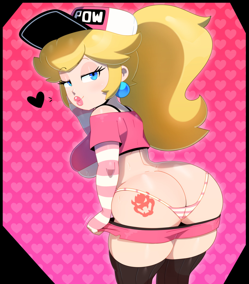 1girl 1girls 2d 2d_(artwork) art ass ass_cleavage ass_crack ass_focus bedroom_eyes big_ass big_breasts big_lips blonde_hair blue_eyes bowser_logo bowser_tattoo branding_mark breasts bubble_butt butt_crack cap crop_top curvaceous curvy digital digital_media_(artwork) elbow_gloves enemy_conversion female_only fingerless_gloves from_behind gloves half-closed_eyes heart huge_ass huge_breasts lips lipstick long_hair long_ponytail looking_at_viewer looking_back mario_(series) midriff nintendo panties pin_up_peach_(somescrub) pink_background pink_lips pink_lipstick ponytail princess_peach seductive seductive_eyes seductive_look seductive_smile short_shorts shorts skimpy skimpy_clothes somescrub stockings sweat tagme tattoo thick_lips thick_thighs thighs thong tied_hair tramp_stamp under_boob underwear voluptuous zettai_ryouiki