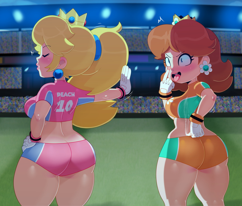 1girl 2_girls 2d 2d_(artwork) alternate_costume art ass ass_cleavage ass_crack big_breasts blonde_hair blue_eyes booty_shorts breasts brown_hair bubble_ass bubble_butt butt_crack clothing digital_media_(artwork) football football_player football_uniform huge_ass human lipstick mario_(series) mario_strikers midriff nintendo orange_shorts outside pink_shorts ponytail princess_daisy princess_peach short_shorts somescrub stadium tagme thick_lips thick_thighs tongue tongue_out