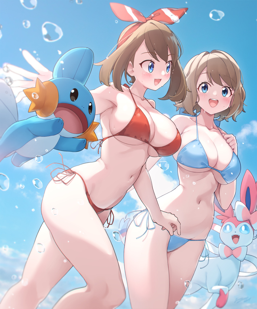 1girl 2_girls absurd_res alluring arukiru big_breasts bikini blue_bikini blue_eyes blue_sky blush bow bow_hairband brown_hair bubble cloud commentary_request commission day feet_out_of_frame hairband hand_on_own_chest high_res looking_at_another may may_(pokemon) mizugorou mudkip multiple_females multiple_girls navel nymphia open_mouth outside outstretched_arms pokemon red_bikini red_bow red_hairband serena serena_(pokemon) short_hair side-tie_bikini_bottom skeb_commission sky smile standing string_bikini swimsuit sylveon