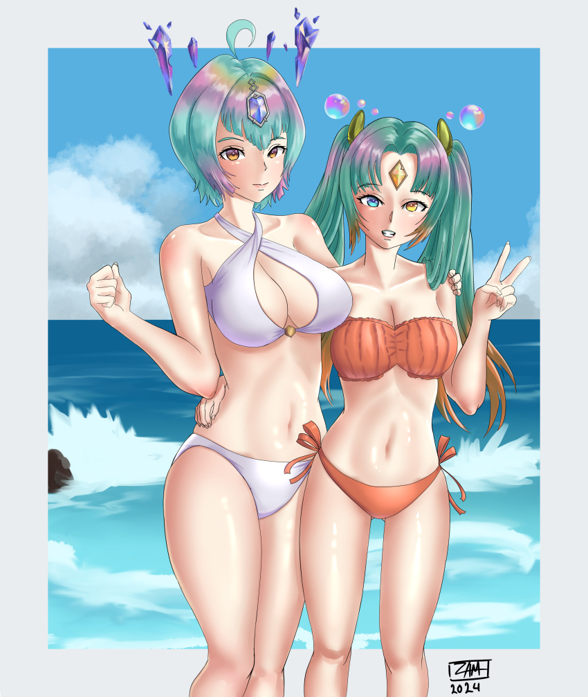 1girl 2_girls alluring alternate_costume arm_around_shoulders arm_around_waist ass_visible_through_thighs bare_arms bare_legs bare_shoulders big_breasts bikini blue_eyes blue_hair cleavage collarbone female_only fire_emblem fire_emblem_heroes green_hair grin heidr_(fire_emblem) intelligent_systems legs long_hair looking_at_viewer medium_breasts multicolored_hair multiple_females multiple_girls nintendo ocean orange_bikini orange_eyes orange_swimsuit outside pink_hair seidr_(fire_emblem) short_hair shoulders smile standing swimsuit twin_tails v white_bikini white_swimsuit yellow_eyes zamtranger