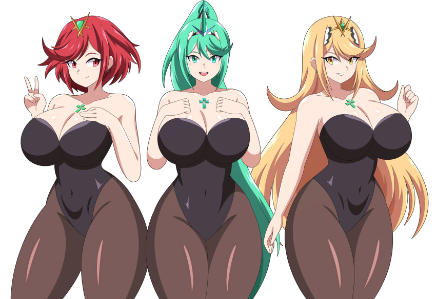1girl 2026 3_girls abyss162 abysswatchers alluring bare_arms big_breasts big_thighs blue_eyes blue_hair bunnysuit color colored curvy curvy_figure digital_media_(artwork) female_only hair high_res legs legwear leotard light-skinned_female light_skin long_hair mythra_(xenoblade) pneuma_(xenoblade) pyra_(xenoblade) red_eyes red_hair short_hair simple_background thick_thighs thighs v v_sign white_background xenoblade_(series) xenoblade_chronicles_2 yellow_eyes yellow_hair