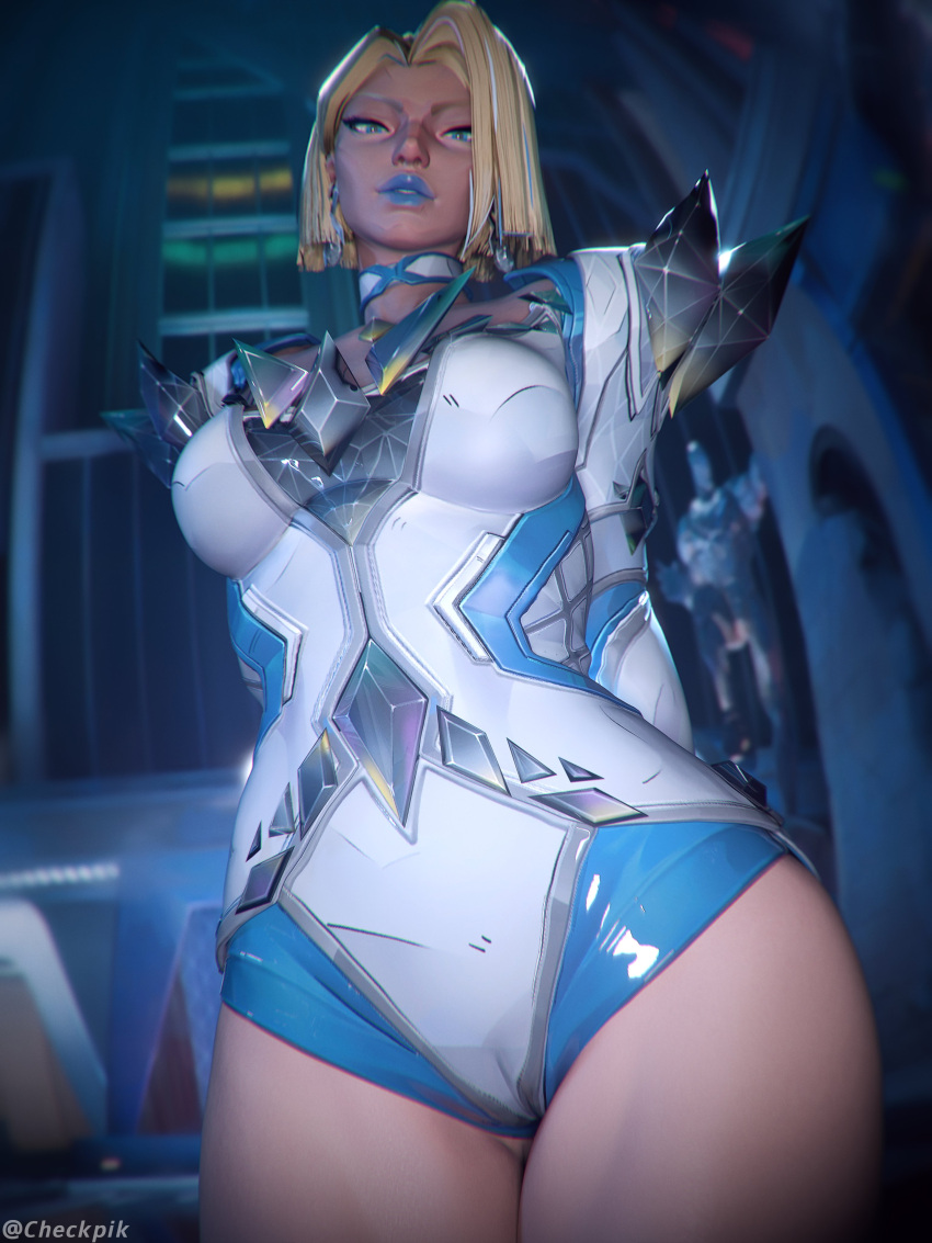 1girl 3d 3d_render below_view big_breasts blonde_eyebrows blonde_female blonde_hair blue_eyes blue_lipstick bob_cut breasts checkpik clothed emma_frost emma_frost_(marvel_rivals) eyelashes hands_behind_back light-skinned_female light_skin looking_at_viewer looking_down low-angle_view marvel marvel_comics marvel_rivals medium_hair slightly_open_mouth thick_legs thick_thighs viewed_from_below