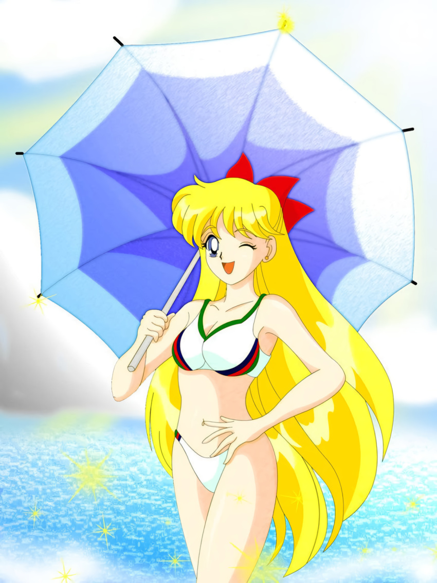 1girl adult_swim alluring beach beach_umbrella bikini bishoujo_senshi_sailor_moon bishoujo_senshi_sailor_moon_r bishoujo_senshi_sailor_moon_r_the_movie bishoujo_senshi_sailor_moon_s bishoujo_senshi_sailor_moon_s_the_movie bishoujo_senshi_sailor_moon_supers bishoujo_senshi_sailor_moon_supers_the_movie blonde_hair blue_eyes blue_sky holding holding_umbrella medium_breasts minako_aino ocean one_eye_closed silverlegends sky swimsuit toei_animation toonami umbrella viz_media wink