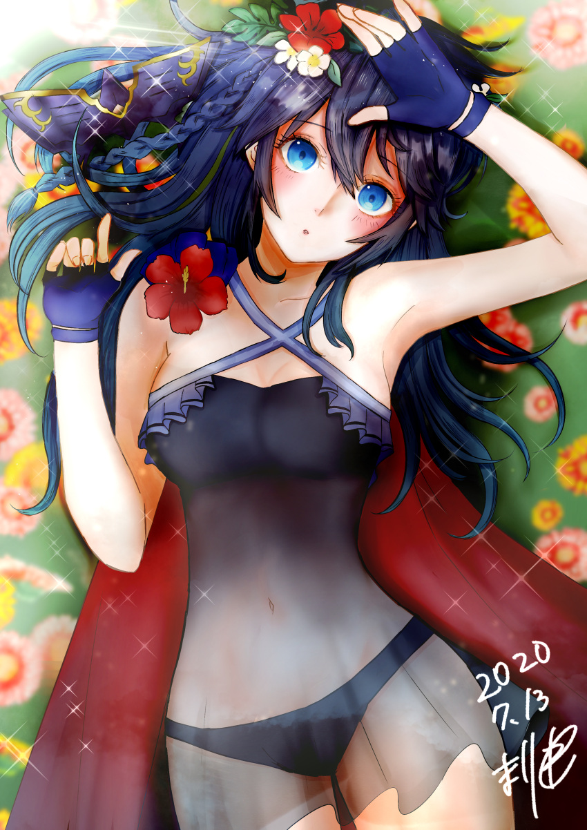 1girl alluring bikini blue_eyes blue_hair cape cleavage fingerless_gloves fire_emblem fire_emblem_awakening fire_emblem_warriors intelligent_systems lucina lucina_(fire_emblem) marir medium_breasts nintendo see_through