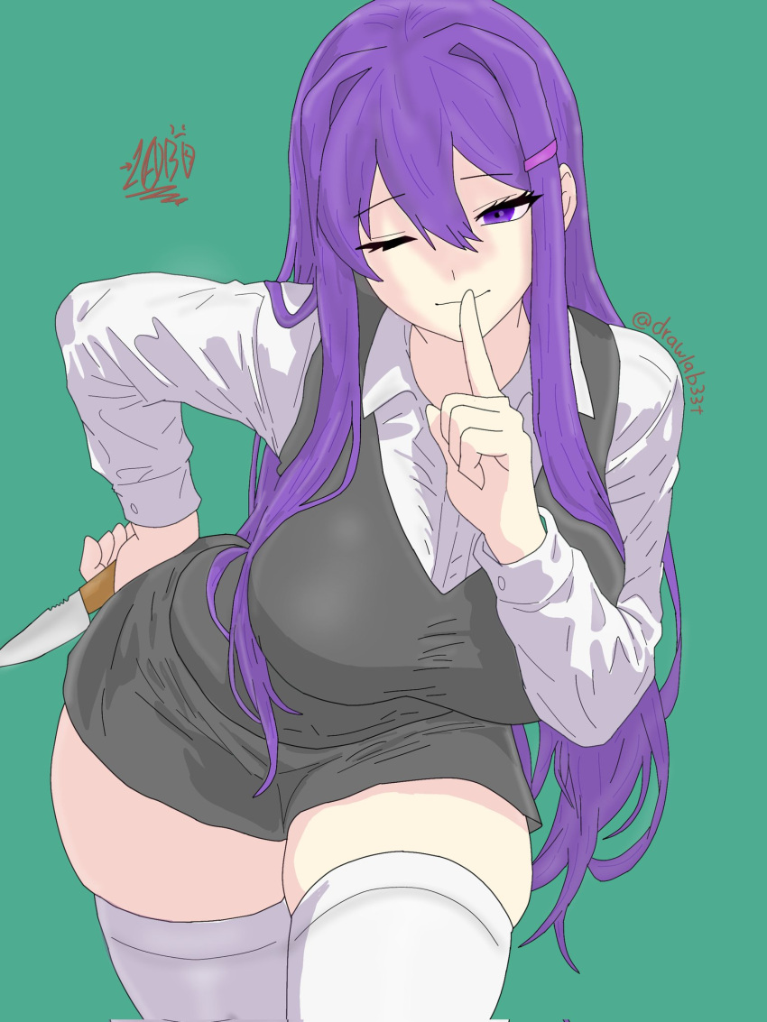 1girl bangs bending_forward big_ass big_breasts breasts breasts_bigger_than_head busty_female doki_doki_literature_club drawlab33t eyebrows_visible_through_hair grin hair_ornament knee_socks knife light-skinned_female long_hair looking_at_viewer one_eye_closed pretty purple_hair school_uniform smile solo_female stockings tight_clothing violet_eyes voluptuous_female white_shirt white_socks white_thighhighs wide_hips wink winking_at_viewer yuri_(doki_doki_literature_club)