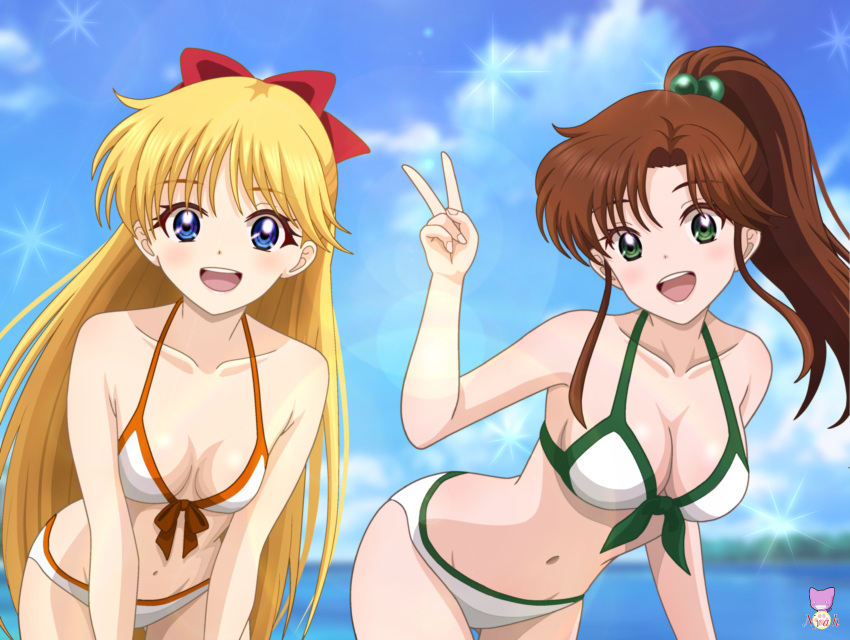 2_girls absurd_res adult_swim alluring big_breasts bikini bishoujo_senshi_sailor_moon bishoujo_senshi_sailor_moon_r bishoujo_senshi_sailor_moon_r_the_movie bishoujo_senshi_sailor_moon_s bishoujo_senshi_sailor_moon_s_the_movie bishoujo_senshi_sailor_moon_supers bishoujo_senshi_sailor_moon_supers_the_movie blonde_hair blue_eyes bow brown_hair collarbone green_eyes hair_bobbles hair_bow hair_ornament high_res long_hair looking_at_viewer makoto_kino midriff minako_aino multiple_girls navel nyahoekaki1 open_mouth outside ponytail red_bow small_breasts smile swimsuit toei_animation toonami v viz_media