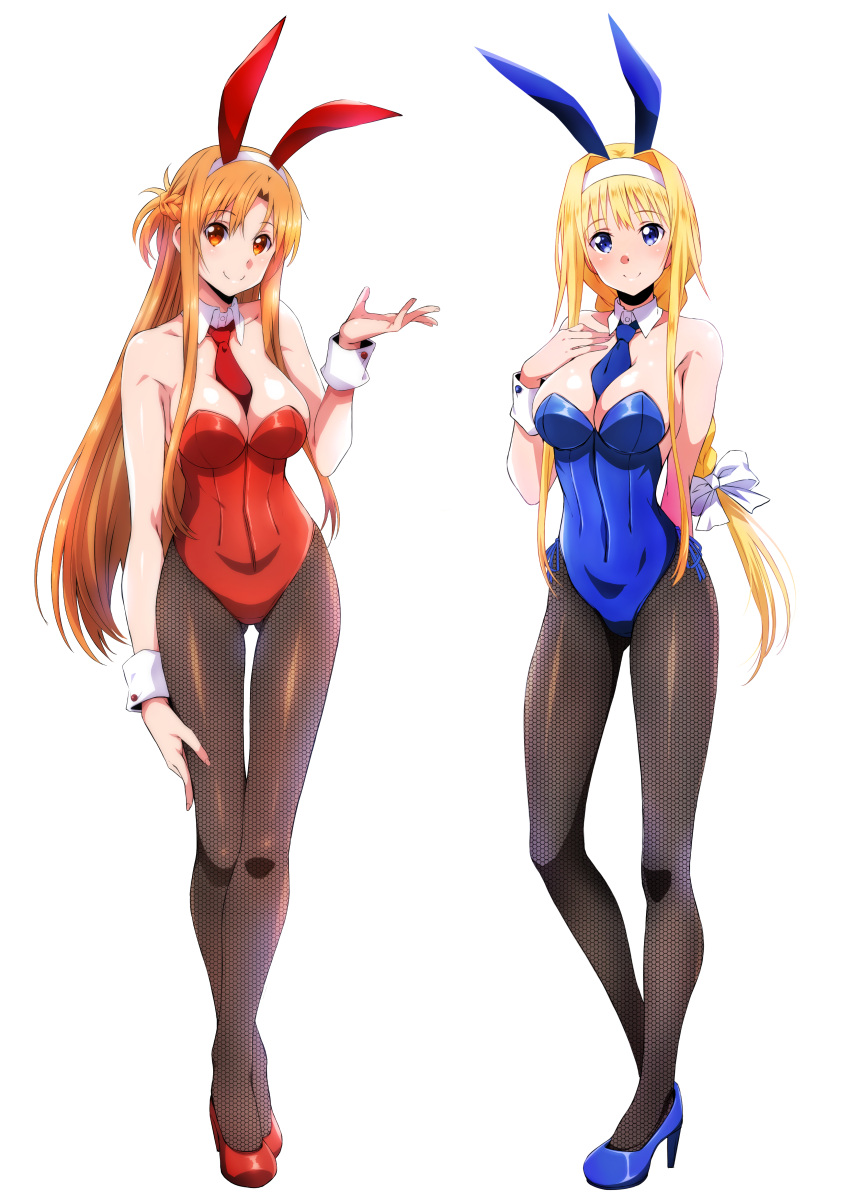 2_girls absurd_res airando alice_schuberg alluring alternate_costume animal_ears asuna_(sao) bare_shoulders between_breasts big_breasts blonde_hair blue_eyes blue_leotard blue_necktie blue_shoes brown_eyes closed_mouth fake_animal_ears fishnet_pantyhose fishnets full_body hairband hand_up high_res island_(kossori) leotard long_hair multiple_girls neck_tie necktie_between_breasts orange_hair pantyhose playboy_bunny red_leotard red_necktie red_shoes shoes standing sword_art_online sword_art_online:_alicization thighs white_background white_hairband
