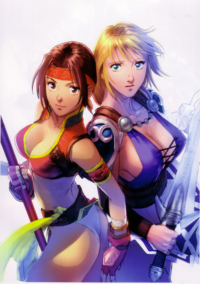 2_girls amazon aqua_eyes ass ass_grab back-to-back back_to_back bangs bare_legs bare_shoulders big_breasts black_eyes blonde_female blonde_hair blue_clothing bracelet bracer breasts brown_eyes brown_hair cleavage closed_mouth collarbone couple duo earrings expressionless eyebrows_visible_through_hair eyes_visible_through_hair female_only fingerless_gloves from_above full_body gloves headband holding holding_polearm holding_sword holding_weapon jewelry kawano_takuji legs lips long_hair looking_at_viewer looking_up matching_hair/eyes medium_breasts midriff multiple_girls namco naughty_face neck open_mouth orange_clothing orange_gloves orange_headband panties parted_bangs polearm revealing_clothes seong_mi-na simple_background smile sophitia_alexandra soul_calibur soul_calibur_ii soulcalibur_ii standing sword underwear weapon white_background white_panties white_underwear yuri