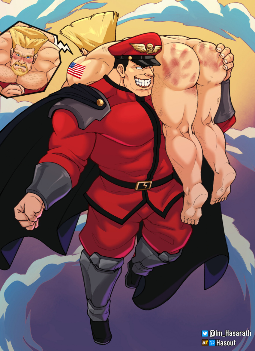 2boys alternate_version_at_source alternate_version_available bara beard blonde blue_eyes blush capcom chest_hair clothed_male_nude_male cmnm defeated defeated_hero embarrassed embarrassed_nude_male enm evil_grin facial_hair flying groping groping_ass groping_breasts guile handprint_on_ass human human_only humiliated im_hasarath m_bison male male_only muscular muscular_male no_visible_genitalia nude nude_male over_shoulder over_the_shoulder sky spanked street_fighter sunset tattoo