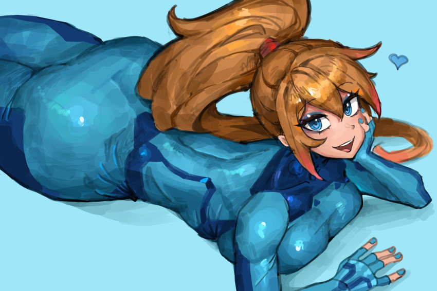 2d 2d_artwork ass ass_focus big_ass blonde_hair blue_eyes blue_fingernails bodysuit colored_nails heart_symbol large_ass laying_down laying_on_stomach looking_at_viewer lying lying_on_stomach metroid nintendo ponytail saiykik samus_aran tagme zero_suit_samus