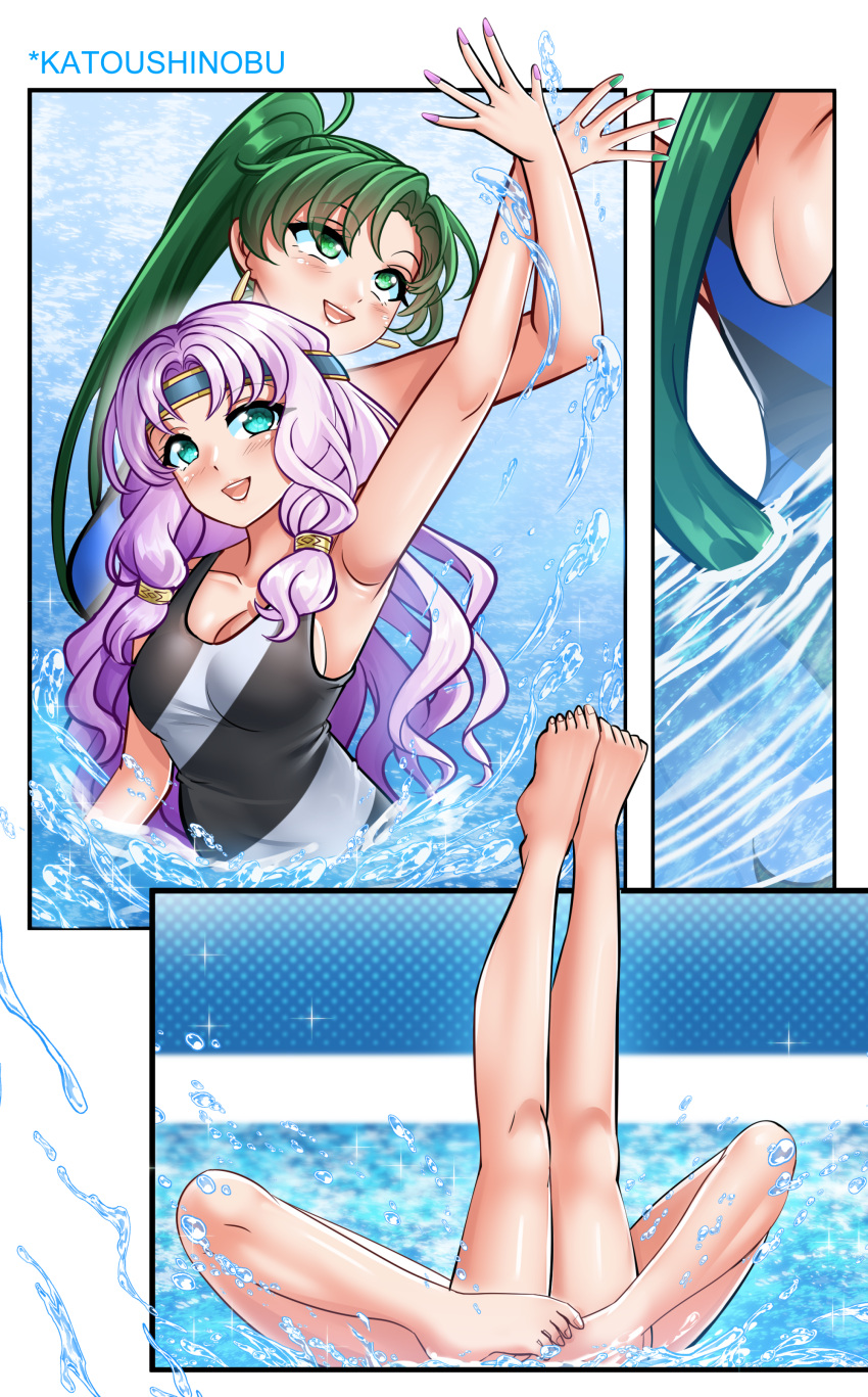 2girls alluring bare_legs barefoot bikini blue_eyes fire_emblem fire_emblem:_the_blazing_blade fire_emblem_warriors florina_(fire_emblem) green_hair intelligent_systems katou_shinobu lyn lyn_(fire_emblem) lyndis lyndis_(fire_emblem) medium_breasts one-piece_swimsuit pink_hair swimming_pool synchronized_swimming teal_eyes
