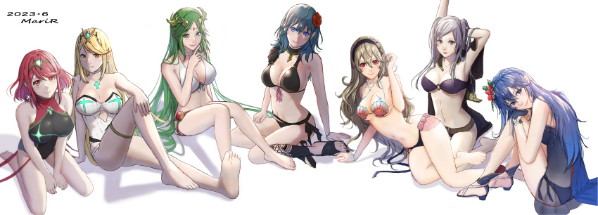 7girls alluring bare_legs big_breasts bikini blonde_hair blue_eyes brown_hair byleth_(fire_emblem) byleth_(fire_emblem)_(female) cleavage corrin_(fire_emblem) corrin_(fire_emblem)_(female) corrin_(summer)_(fire_emblem)_(female) fire_emblem fire_emblem_awakening fire_emblem_fates fire_emblem_three_houses fire_emblem_warriors green_eyes green_hair intelligent_systems kid_icarus lucina lucina_(fire_emblem) lucina_(summer)_(fire_emblem) marir monolith_soft mythra_(xenoblade) nintendo one-piece_bikini palutena pin_up pyra_(xenoblade) red_eyes red_hair robin_(fire_emblem) robin_(fire_emblem)_(female) robin_(summer)_(fire_emblem)_(female) seashell_bra super_smash_bros. take_your_pick teal_eyes teal_hair xenoblade_(series) xenoblade_chronicles_2 yellow_eyes