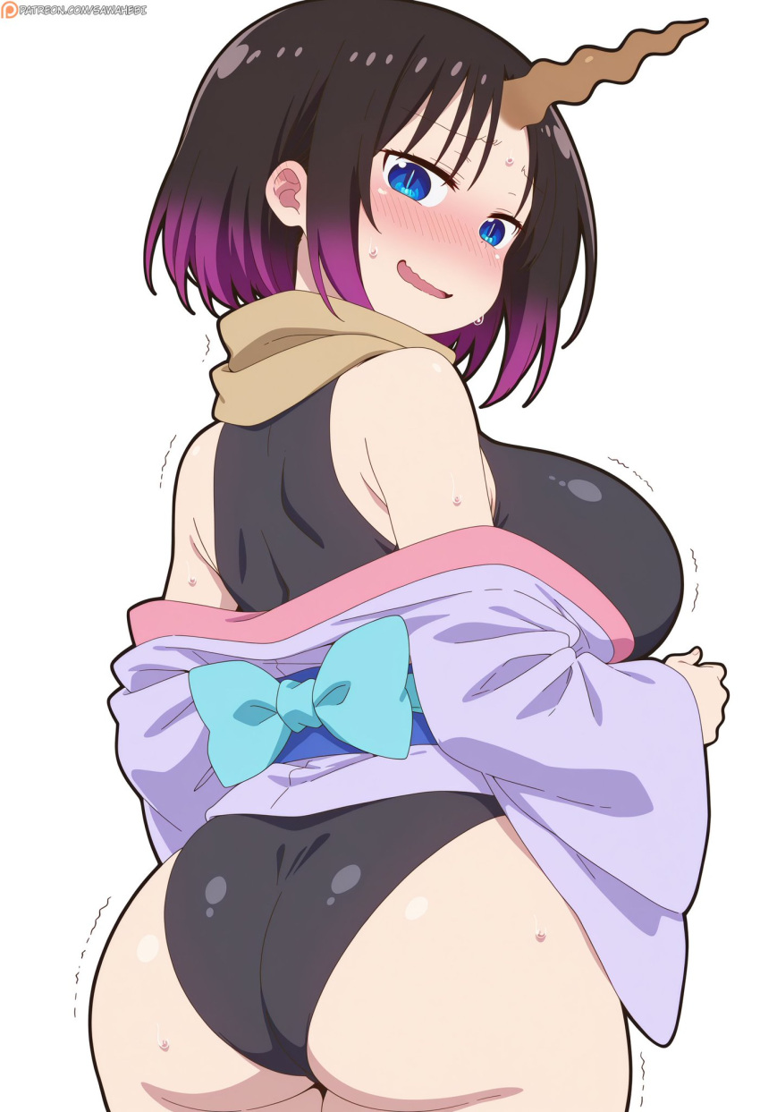 ai_generated back_view backboob bare_thighs big_ass big_ass black_hair blue_eyes blush elma_(dragon_maid) fat_ass gigantic_ass gigantic_breasts grin horn huge_breasts huge_thighs kobayashi-san_chi_no_maidragon light-skinned_female light_skin looking_back massive_ass massive_breasts multicolored_hair sawahebi short_hair solo_female squatting sweat sweatdrop thick_body thick_female thick_thighs thighs voluptuous voluptuous_female