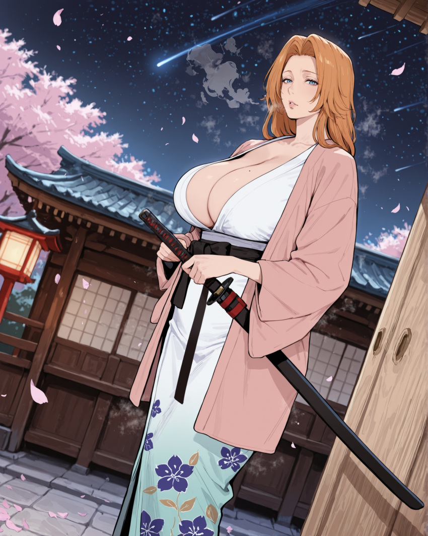 ai_generated bare_thighs bleach blue_eyes gigantic_breasts huge_breasts huge_thighs japanese_clothes kaevren light-skinned_female light_skin long_hair looking_at_viewer massive_breasts matsumoto_rangiku mature_female milf orange_hair solo_female thick_body thick_female thick_thighs thighs voluptuous voluptuous_female
