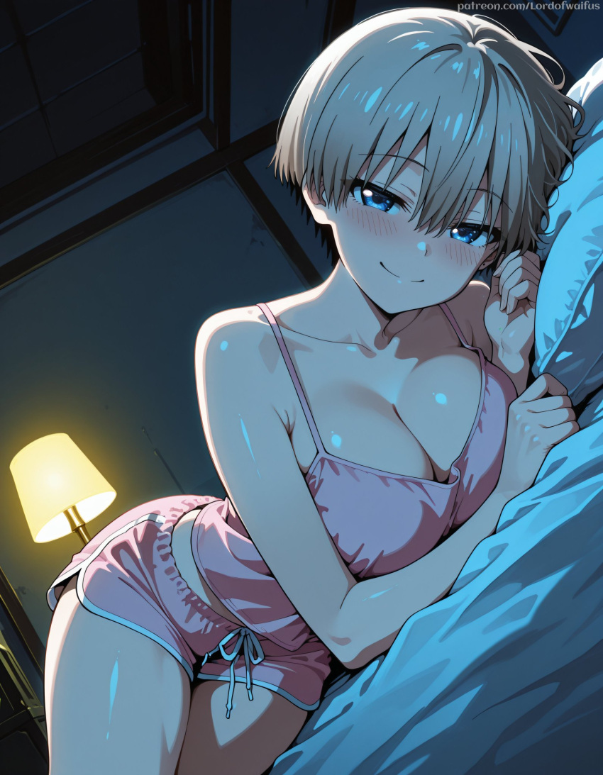 ai_generated bare_thighs blue_eyes blush dolphin_shorts gigantic_breasts grey_hair grin huge_breasts huge_thighs light-skinned_female light_skin looking_at_viewer lord_of_waifus massive_breasts pajamas short_hair shortstack solo_female squatting sweat sweatdrop thick_body thick_female thick_thighs thighs uzaki-chan_wa_asobitai! uzaki_hana voluptuous voluptuous_female