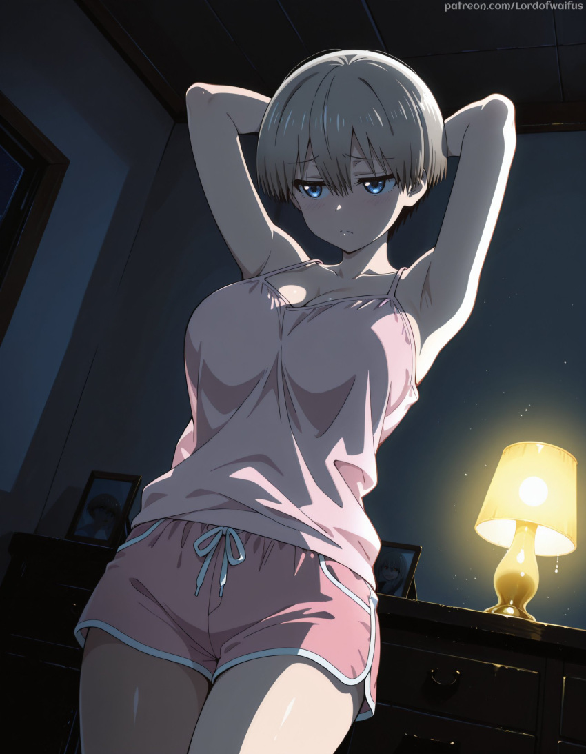 ai_generated bare_thighs blue_eyes dolphin_shorts gigantic_breasts grey_hair huge_breasts huge_thighs light-skinned_female light_skin lord_of_waifus massive_breasts pajamas short_hair shortstack solo_female squatting sweat sweatdrop thick_body thick_female thick_thighs thighs uzaki-chan_wa_asobitai! uzaki_hana voluptuous voluptuous_female