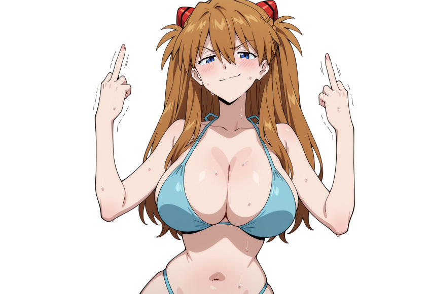 ai_generated asuka_langley_souryuu athletic_female big_breasts bikini blue_eyes grin huge_breasts light-skinned_female light_skin lilabratt looking_at_viewer massive_breasts middle_finger neon_genesis_evangelion orange_hair solo_female squatting sweat sweatdrop thick_body thick_female twin_tails voluptuous voluptuous_female