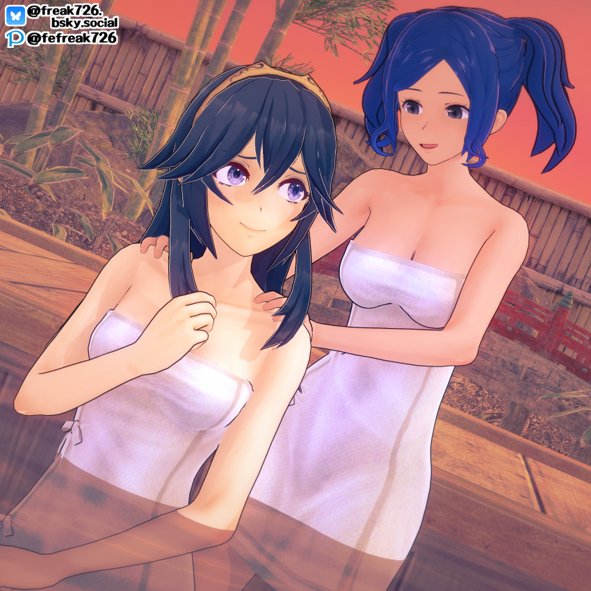 1girl 2_girls 3d alternate_hair_color bamboo bare_arms bare_shoulders bath blue_eyes blue_hair brand_of_the_exalt bridge cleavage collarbone cynthia_(fire_emblem) fefreak726 female_only fire_emblem fire_emblem_awakening fire_emblem_warriors hands_on_another's_shoulders intelligent_systems long_hair lucina_(fire_emblem) massage medium_breasts multiple_females multiple_girls naked_towel nintendo onsen open_mouth outside plant pool short_hair shoulder_massage shoulders siblings silf silfs sisters small_breasts smile standing sunset symbol-shaped_pupils tiara towel twin_tails
