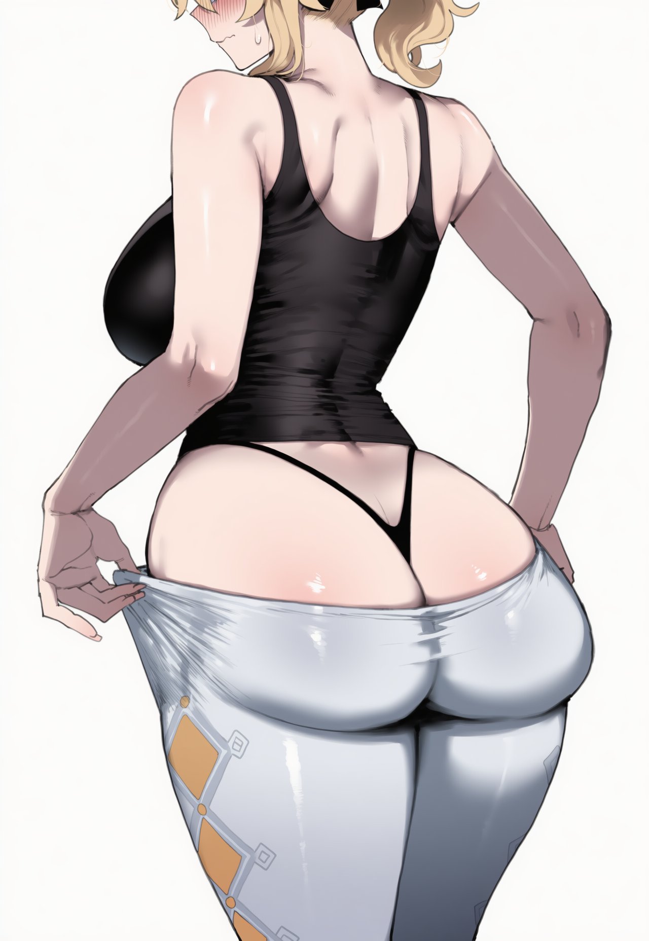 1girl ai_assisted ai_generated armpits ass ass_focus big_ass big_breasts blue_eyes blush breasts dressing embarrassed female_only genshin_impact getting_dressed huge_ass inconvenient_ass jean_gunnhildr light-skinned_female light_skin looking_back looking_down mihoyo pulling_pants_up pulling_up_pants putting_clothes_on putting_on_clothes putting_on_pants putting_pants_on struggling_to_fit sweat sweatdrop sweating thick_thighs thighs truck-kun_art white_background