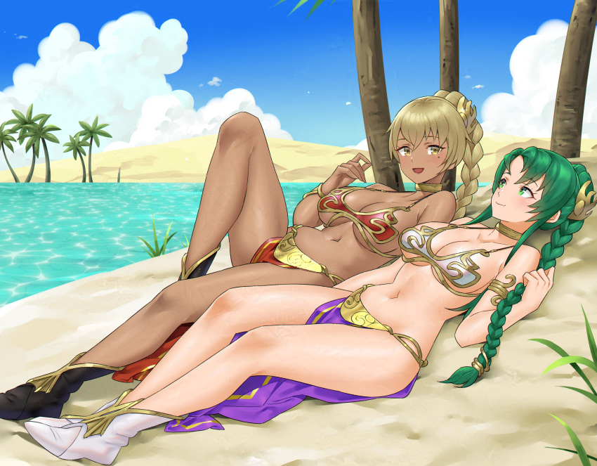 2_girls absurd_res alluring alternate_hairstyle beach belly_dancer belly_dancer_outfit big_breasts blonde_hair boots braid cecilia_(fire_emblem) cleavage collar cosplay curvy dark-skinned_female dark_skin female_focus fire_emblem fire_emblem:_the_binding_blade green_eyes hair_bun happy harem harem_bikini harem_outfit high_res igni_tion igrene_(fire_emblem) intelligent_systems loincloth long_hair long_legs lounging lying matching_hair/eyes mole mole_under_eye multiple_girls navel nintendo oasis on_back palm_tree redkite revealing_clothes smile stomach teal_hair tree under_boob water yellow_eyes