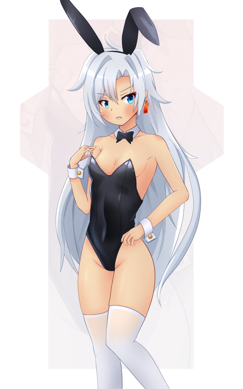 1girl 1girl a_(xenoblade) absurd_res alluring animal_ears black_bow black_bowtie black_leotard blue_eyes bow bowtie daenu detached_collar feet_out_of_frame grey_hair hair_intakes high_res leotard long_hair looking_at_viewer messy_hair playboy_bunny rabbit_ears small_breasts stockings strapless strapless_leotard white_thighhighs wrist_cuffs xenoblade_(series) xenoblade_chronicles_3 xenoblade_chronicles_3:_future_redeemed