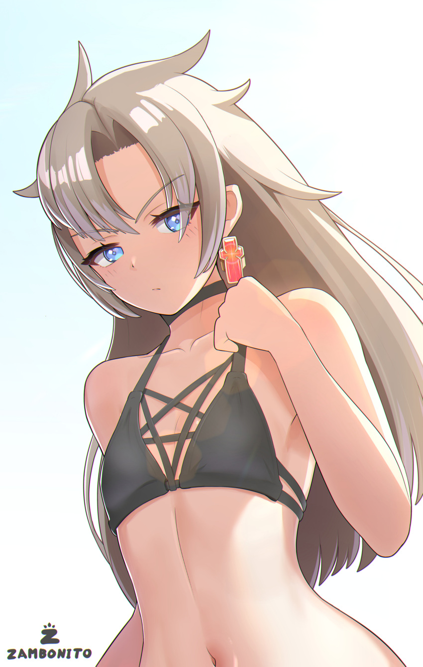 1girl 1girl a_(xenoblade) absurd_res alluring bikini blue_eyes blush high_res messy_hair navel pentagram_cutout simple_background small_breasts swimsuit xenoblade_(series) xenoblade_chronicles_3 xenoblade_chronicles_3:_future_redeemed zambonito