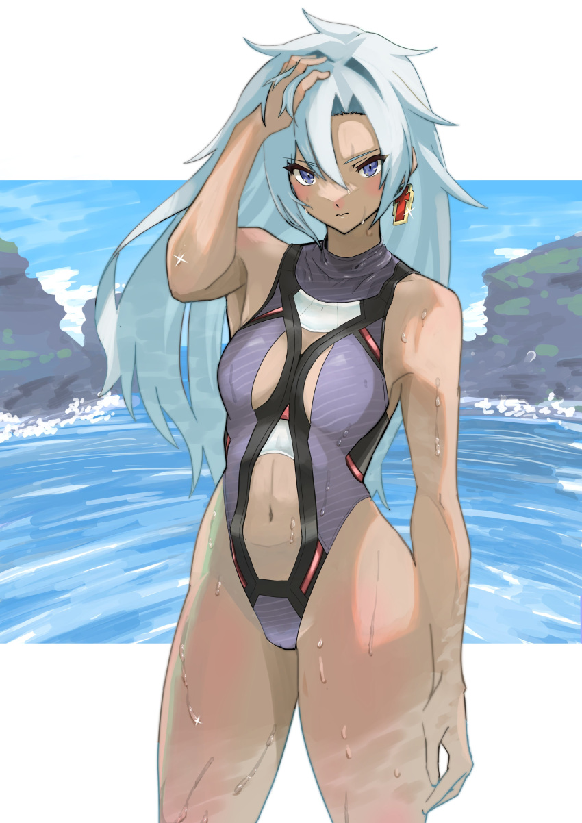 1girl 1girl a_(xenoblade) absurd_res alluring annoyed bare_legs bare_shoulders big_breasts blue_eyes closed_mouth earrings grey_hair hair_between_eyes hair_intakes hand_in_own_hair high_res jewelry karian909 long_hair looking_at_viewer messy_hair navel ocean one-piece_bikini single_earring small_breasts swimsuit very_long_hair water wet wet_clothes wet_hair wet_swimsuit xenoblade_(series) xenoblade_chronicles_3 xenoblade_chronicles_3:_future_redeemed