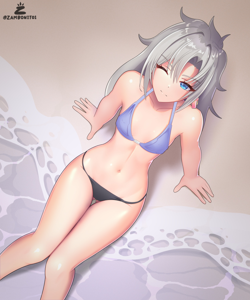 1girl 1girl a_(xenoblade) absurd_res alluring artist_logo beach bikini blue_eyes grey_hair high_res logo messy_hair one_eye_closed outside swimsuit water xenoblade_(series) xenoblade_chronicles_3 xenoblade_chronicles_3:_future_redeemed zambonito