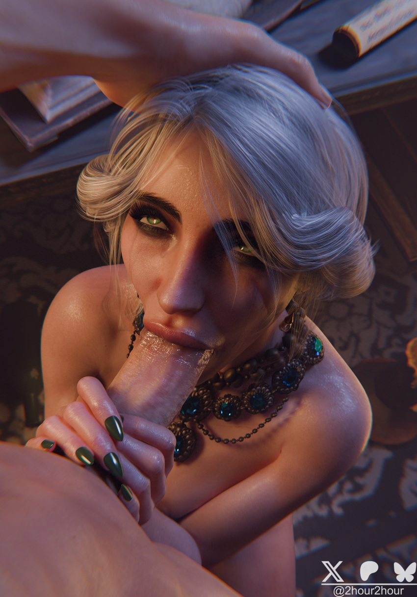 2hour2 3d 3d_(artwork) 3d_model 3d_render big_penis blender blowjob_face both_hands_on_cock cd_projekt_red ciri digital digital_media digital_media_(artwork) earrings eye_contact eyebrows eyelashes eyeshadow fellatio fellatio green_eyes green_nails hand_on_head holding_penis long_nails looking_at_partner mascara_tears mouthful nail_polish necklace on_knees oral oral_penetration oral_sex queen scar sucking_penis tagme the_witcher_(series) the_witcher_3:_wild_hunt wet wet_skin white_hair white_skin