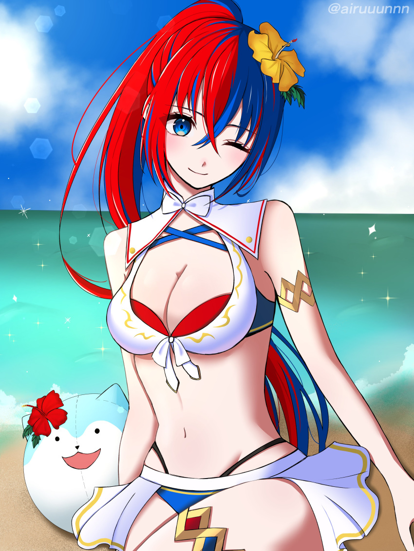 1girl 1girl absurd_res alear_(female)_(fire_emblem) alear_(female)_(seaside_dragon)_(fire_emblem) alear_(fire_emblem) alluring armlet arururunnnn big_breasts bikini blue_bikini blue_eyes blue_hair breasts character_ball cleavage criss-cross_halter crossed_bangs fire_emblem fire_emblem_engage fire_emblem_heroes gold_armlet gold_thighlet halterneck heterochromia high_ponytail high_res intelligent_systems jewelry long_hair multicolored_bikini multicolored_hair multicolored_swimsuit nintendo official_alternate_costume official_alternate_hairstyle ponytail red_bikini red_eyes red_hair scratching_arm showgirl_skirt sommie_(fire_emblem) split-color_hair swimsuit thighlet two-tone_hair very_long_hair white_bikini