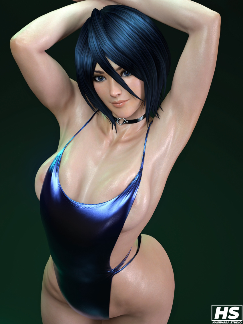 1girl 3d alluring black_hair bleach blue_eyes female_only hagiwara_studio high_res high_resolution kuchiki_rukia medium_breasts pin_up short_hair solo_female swimsuit tagme