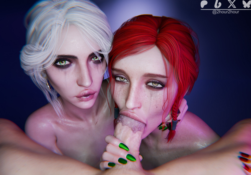 1boy 1girl 2_girls 2hour2 3d 3d_(artwork) 3d_model 3d_render assisted_fellatio blender braided_hair bubbles ciri digital_media digital_media_(artwork) ear_piercing earrings eye_contact eyebrows eyelashes eyeshadow fellatio fellatio green_eyes green_nail_polish green_nails hand_on_neck hand_on_penis hazel_eyes looking_at_camera looking_at_viewer male mascara mascara_smear mascara_tears nail_polish oral oral_penetration oral_sex penis pov pov_eye_contact red_hair red_nail_polish red_nails redhead_female saliva sloppy sloppy_blowjob tagme the_witcher_(series) the_witcher_3:_wild_hunt threesome triss_merigold wet wet_skin white_hair white_skin